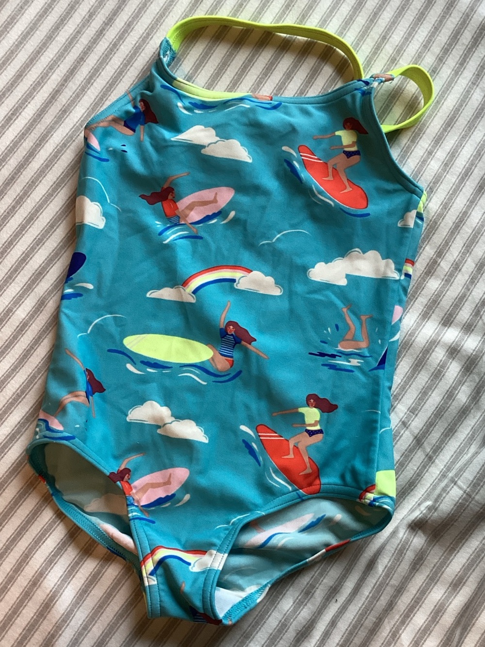 Girls' Turquoise Surf Print One-Piece Swimsuit with Lime Straps